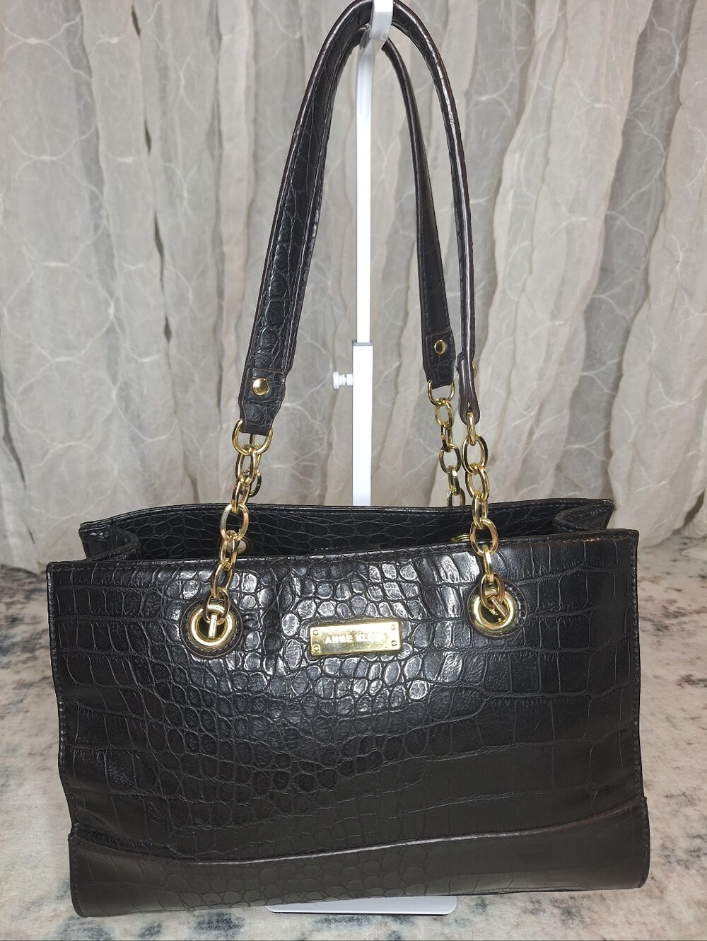 Anne Klein Black Croc-Embossed Vegan Faux Leather Shoulder Tote  Gold Hardware